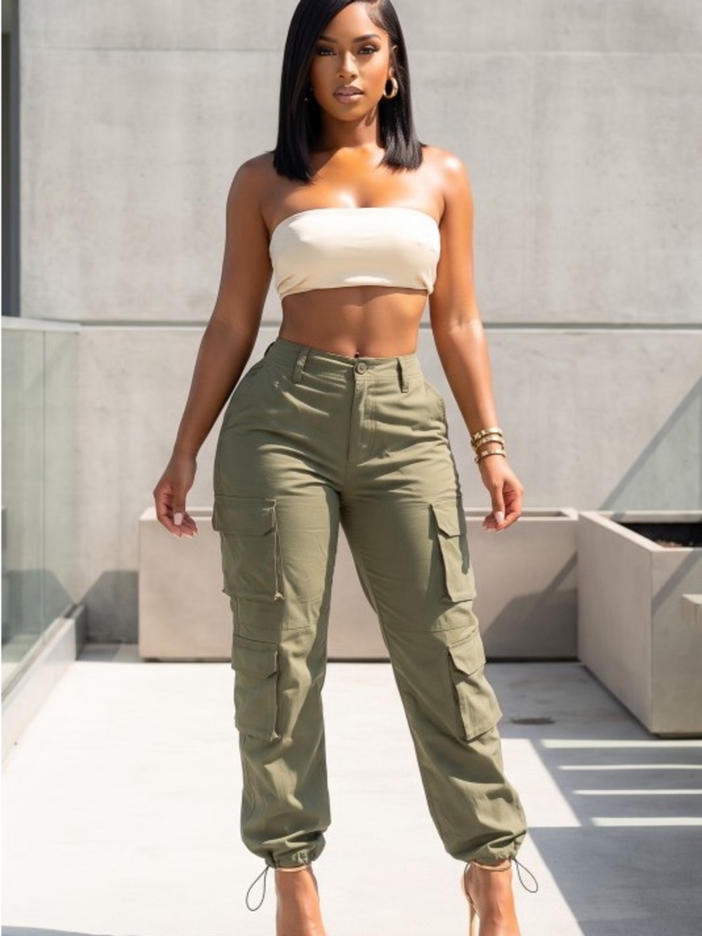 High-Rise Cargo Jogger Pants in Olive Green P-77870